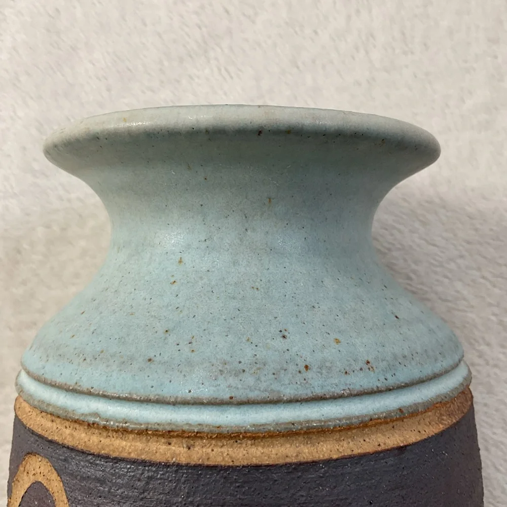 Signed Studio Pottery Vase 8” Blue Carved Stoneware Art Pottery - Picture 9 of 16